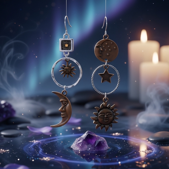 🆕️Boho Chic Sun Moon Star Asymmetrical Dangle Earrings | Celestial Vibes - Picture 4 of 9
